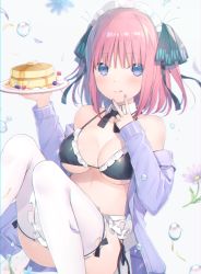 Rule 34 | 1girl, 6u (eternal land), :q, apron, ass, bare shoulders, bikini, black bikini, blue eyes, bow, bowtie, breasts, cleavage, collarbone, commentary request, detached collar, flower, food, go-toubun no hanayome, hair ornament, halterneck, hands up, holding, holding tray, jacket, large breasts, long sleeves, looking at viewer, maid, maid apron, maid bikini, maid headdress, nail polish, nakano nino, off shoulder, open clothes, open jacket, pancake, pink hair, purple flower, purple jacket, short hair, side-tie bikini bottom, smile, solo, swimsuit, thighhighs, tongue, tongue out, tray, unconventional maid, v, water, white thighhighs