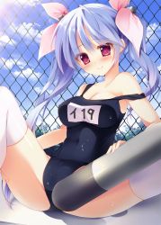 Rule 34 | 10s, 1girl, against fence, ahoge, antennae, bad id, bad pixiv id, bare shoulders, blue eyes, blue sky, breasts, chain-link fence, character name, cleavage, day, fence, hair ribbon, headgear, i-19 (kancolle), kantai collection, large breasts, light rays, name tag, off shoulder, one-piece swimsuit, pink ribbon, purple eyes, ribbon, school swimsuit, sky, smile, spread legs, strap slip, sun, sunlight, sushimekabu, swimsuit, thighhighs, torpedo, twintails, white thighhighs