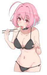 Rule 34 | 1girl, absurdres, ahoge, aqua hair, bare arms, bare shoulders, belt, belt collar, bikini, black belt, black bikini, black choker, black collar, blush, bob cut, breasts, choker, chopsticks, cleavage, collar, collarbone, commentary, cropped legs, dumpling, food, front-tie bikini top, front-tie top, highres, holding, holding chopsticks, idolmaster, idolmaster cinderella girls, idolmaster cinderella girls starlight stage, jiaozi, large breasts, looking at viewer, medium hair, multicolored hair, navel, open mouth, pink eyes, pink hair, simple background, solo, stomach, sweatdrop, swimsuit, teeth, thighs, two-tone hair, wasabijoyu76, white background, yumemi riamu