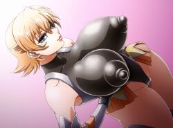 1girl breasts curvy dutch_angle highleg highleg_leotard highres huge_breasts igawa_sakura leotard lips looking_at_viewer shiny_skin short_hair solo taimanin_(series) taimanin_asagi wide_hips wrato