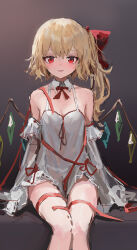 Rule 34 | 1girl, :d, absurdres, alternate costume, bad id, bad twitter id, bare shoulders, blonde hair, blush, breasts, cleavage, detached collar, detached sleeves, dress, flandre scarlet, grey background, half-closed eyes, highres, legs together, looking at viewer, medium breasts, no headwear, open mouth, red eyes, red ribbon, reddizen, ribbon, short hair with long locks, sitting, smile, solo, touhou, white dress, wings