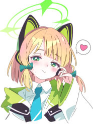 Rule 34 | 1girl, animal ear headphones, animal ears, blonde hair, blue archive, blue necktie, blush, bow, cat ear headphones, closed mouth, commentary request, fake animal ears, green bow, green eyes, green halo, hair bow, halo, headphones, heart, ixy, jacket, looking at viewer, midori (blue archive), necktie, short hair, smile, solo, spoken heart, upper body, white jacket