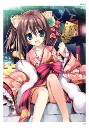 Rule 34 | 1girl, :d, absurdres, animal ears, artist name, blush, brown hair, collarbone, eyebrows, fang, green eyes, hair between eyes, highres, holding, japanese clothes, karory, kimono, long hair, looking at viewer, obi, open mouth, original, outdoors, sash, scan, shiny skin, sitting, smile, solo, stairs, striped, tail, tiger ears, tiger tail, two side up