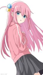 Rule 34 | 1girl, :o, blue eyes, bocchi the rock!, cube hair ornament, gotoh hitori, grey skirt, hair between eyes, hair ornament, highres, jacket, long hair, long sleeves, looking at viewer, nnn yryr, one side up, open mouth, pink hair, pink jacket, pleated skirt, simple background, skirt, solo, track jacket, white background
