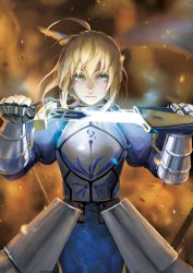Rule 34 | 1girl, ahoge, armor, armored dress, artoria pendragon (fate), blonde hair, captain an, excalibur (fate/stay night), fate/grand order, fate/stay night, fate (series), faulds, gauntlets, glowing, glowing sword, glowing weapon, green eyes, highres, holding, holding sheath, holding sword, holding weapon, plackart, saber (fate), sheath, solo, sword, unsheathing, weapon