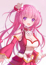 Rule 34 | 1girl, :d, blunt bangs, breasts, cleavage, detached sleeves, flower, flower knight girl, gradient background, kusumoto miya, large breasts, long hair, looking at viewer, multicolored eyes, open mouth, pink background, pink eyes, pink hair, pink skirt, plum (flower knight girl), purple eyes, red sleeves, simple background, skirt, smile, solo, upper body, white background
