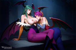 Rule 34 | 2girls, animal print, aqua hair, bare shoulders, bat print, black footwear, blue pantyhose, boots, breast sucking, breasts, bridal gauntlets, closed eyes, commentary, crossed legs, demon girl, demon wings, elbow gloves, english commentary, gloves, green hair, hand on another&#039;s head, head wings, incest, knee boots, lactation, large breasts, light smile, lilith aensland, long hair, looking at another, morrigan aensland, multiple girls, nipples, pantyhose, pink pantyhose, print legwear, print pantyhose, purple hair, short hair, siblings, sisters, sitting, small breasts, tarakanovich, vampire (game), wings, yuri