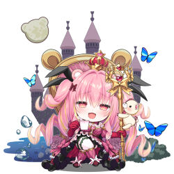 Rule 34 | 1girl, animal ears, bear ears, bettle (b s a n), blonde hair, blue butterfly, bow, bug, butterfly, castle, chibi, crossed legs, crown, cup, dress, dress bow, elbow gloves, flower, full moon, gloves, hair bow, himekuma ribon, insect, mini crown, monster company, moon, multicolored hair, official art, pink dress, pink eyes, pink hair, red bow, red gloves, scepter, sitting, streaked hair, stuffed animal, stuffed toy, teddy bear, thigh strap, throne, virtual youtuber, water, white background