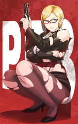 Rule 34 | 1girl, aya brea, blonde hair, breasts, glasses, gun, huge breasts, pantyhose, parasite eve, parasite eve the 3rd birthday, short hair, sideboob, solo, squatting, torn clothes, torn pantyhose, usatarou, weapon