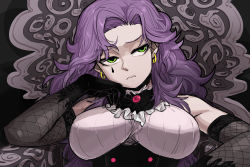 Rule 34 | 1girl, absurdres, bare shoulders, black background, black gloves, breasts, chair, closed mouth, dated commentary, earrings, elbow gloves, facial mark, gigle, gloves, green eyes, highres, jewelry, large breasts, long hair, original, purple hair, sitting, solo, underbust, upper body