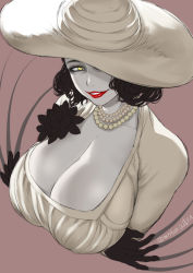 Rule 34 | 1girl, alcina dimitrescu, arms under breasts, artist name, bags under eyes, black flower, black gloves, black hair, breasts, cleavage, collarbone, dress, eyeshadow, flower, gloves, hat, head tilt, huge breasts, jewelry, lipstick, looking at viewer, low neckline, makeup, mature female, medium hair, moburaibu, necklace, one eye covered, pearl necklace, red lips, resident evil, resident evil village, signature, simple background, smile, solo, upper body, wavy hair, white dress, white hat, yellow eyes