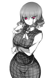 Rule 34 | 1girl, ascot, breasts, female focus, greyscale, hair between eyes, twirling hair, highres, kazami yuuka, large breasts, limited palette, long sleeves, looking at viewer, monochrome, pink eyes, plaid, plaid skirt, plaid vest, raptor7, simple background, skirt, skirt set, solo, spot color, touhou, vest, white background, wide hips