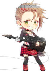 Rule 34 | 1girl, black choker, black jacket, black thighhighs, boots, chibi, choker, cropped jacket, cross-laced footwear, earrings, fishnet thighhighs, fishnets, full body, garter straps, glint, gloves, green eyes, grin, guitar, hair between eyes, holding, holding instrument, idolmaster, idolmaster cinderella girls, instrument, jacket, jewelry, kimura natsuki, lace-up boots, legs apart, light brown hair, miniskirt, multicolored hair, onyang, open clothes, open jacket, plaid, plaid skirt, pleated skirt, red footwear, red hair, red skirt, shirt, short hair, simple background, single glove, skirt, smile, solo, sparkle, standing, streaked hair, thighhighs, two-tone hair, white background, white gloves, white shirt, zettai ryouiki