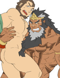 Rule 34 | 2boys, abs, ass, bara, beard, bodypaint, character request, completely nude, crown, dark-skinned male, dark skin, facial hair, glensaru, highres, interracial, jewelry, large pectorals, long beard, looking at viewer, male focus, mature male, meng huo (sangokushi taisen), multiple boys, multiple rings, muscular, muscular male, nipples, nude, pectorals, ring, sangokushi puzzle taisen, scar, scar on face, scar on nose, short hair, smirk, stomach, thick eyebrows, thick thighs, thighs, tied beard, yaoi