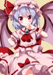 Rule 34 | 1girl, ascot, bat wings, blue hair, blush, brooch, closed mouth, frilled skirt, frilled sleeves, frills, hair between eyes, hat, hat ribbon, highres, jewelry, looking at viewer, mob cap, pink hat, pink shirt, pink skirt, red ascot, red eyes, red ribbon, remilia scarlet, ribbon, ruu (tksymkw), shirt, short hair, short sleeves, skirt, smile, solo, touhou, wings, wrist cuffs