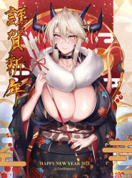 Rule 34 | 1girl, 2021, artoria pendragon (fate), artoria pendragon (lancer alter) (fate), breasts, cleavage, fate/grand order, fate (series), happy new year, highres, hirasawa seiji, horn ornament, horns, huge breasts, japanese clothes, kimono, mature female, mole, mole on breast, nail polish, new year, platinum blonde hair, smile, twitter username, yellow eyes