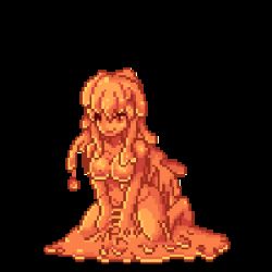 Rule 34 | 1girl, animated, animated gif, barefoot, bouncing breasts, breasts, exet, food, fruit, full body, idle animation, kenkou cross, long hair, lowres, monster girl, monster girl encyclopedia, nude, omitted bits, orange (fruit), pixel art, red slime (monster girl encyclopedia), slime (substance), slime girl, smile, solo, sprite, sprites, transparent background