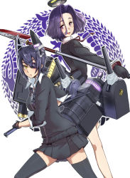 Rule 34 | 10s, 2girls, black legwear, breasts, cannon, cardigan, checkered clothes, checkered necktie, checkered neckwear, cowboy shot, eyepatch, fighting stance, glaive (polearm), gloves, halo, headgear, highres, kantai collection, katana, legs apart, long sleeves, looking at viewer, looking to the side, maabou, mecha musume, mechanical halo, miniskirt, multiple girls, neck ribbon, necktie, open mouth, pleated skirt, polearm, purple eyes, purple hair, ready to draw, ribbon, school uniform, sheath, sheathed, short hair, simple background, skirt, smile, standing, sword, tatsuta (kancolle), tenryuu (kancolle), thighhighs, turret, weapon, white background, yellow eyes, zettai ryouiki