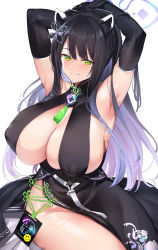 Rule 34 | 1girl, animal ears, bare shoulders, black dress, black hair, blue archive, blush, breasts, cleavage, dress, green eyes, highres, large breasts, long hair, looking at viewer, ponytail, shun (blue archive), sidelocks, smile, solo, thighs, tiger ears, tomohiro kai, white background