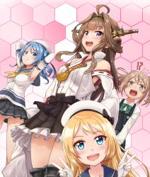 Rule 34 | !?, 4girls, ahoge, armpits, arms behind head, arms up, beret, blonde hair, blue eyes, blue hair, blue sailor collar, bow, bowtie, brown hair, detached sleeves, double bun, double v, dress, elbow gloves, gloves, green neckwear, hair bun, hairband, hat, headgear, highres, japanese clothes, jervis (kancolle), kantai collection, kongou (kancolle), kyou (tr-6), light brown hair, long hair, long sleeves, looking at viewer, michishio (kancolle), miniskirt, multiple girls, neckerchief, nontraditional miko, open mouth, panties, pantyshot, pinafore dress, pleated skirt, purple eyes, remodel (kantai collection), sailor collar, sailor dress, sailor hat, school uniform, serafuku, shirt, short twintails, skirt, sleeveless, sleeveless dress, sleeves rolled up, smile, standing, surprised, twintails, underwear, urakaze (kancolle), v, white gloves, white headwear, white panties, white shirt, wind, yellow eyes, yellow neckwear