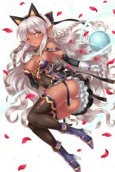Rule 34 | 1girl, ass, ball, black bow, black thighhighs, boots, bow, braid, breasts, brown eyes, cleavage, covered navel, dark-skinned female, dark skin, elbow sleeve, elf, full body, garter straps, gloves, hair bow, hairband, heart, heart-shaped pupils, highres, leaf, light brown hair, long hair, looking at viewer, medium breasts, official art, one eye closed, open mouth, outstretched arm, panties, pointy ears, purple footwear, serin199, silk (soccer spirits), soccer ball, soccer spirits, solo, symbol-shaped pupils, thighhighs, transparent background, underwear, white gloves, white panties