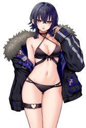 Rule 34 | 1girl, absurdres, bare shoulders, bikini, black bikini, black hair, black jacket, blush, breasts, choker, cleavage, collarbone, commentary request, criss-cross halter, ear piercing, fur-trimmed jacket, fur trim, groin tendon, halterneck, hand up, highres, ichinose uruha, jacket, kushinaka, long hair, long sleeves, looking at viewer, lupinus virtual games, medium breasts, multicolored hair, navel, open clothes, open jacket, open mouth, piercing, purple eyes, sidelocks, simple background, solo, swimsuit, thigh strap, two-tone hair, virtual youtuber, vspo!, white background