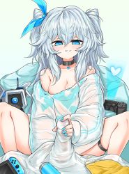 Rule 34 | 1boy, 1girl, bad id, bad pixiv id, bare legs, bare shoulders, black choker, blue eyes, blue nails, blue ribbon, blush, breasts, chips (food), choker, cleavage, commentary request, covered penis, food, girls&#039; frontline, grin, hair between eyes, hair ribbon, heart, heart-shaped pupils, heart necklace, heart print, hetero, highres, jewelry, jokebag, knees up, long hair, long sleeves, looking at viewer, m legs, medium breasts, nail polish, naughty face, necklace, nintendo switch, no bra, off-shoulder shirt, off shoulder, pa-15 (girls&#039; frontline), pa-15 (marvelous yam pastry) (girls&#039; frontline), penis grab, playstation controller, potato chips, ribbon, shirt, silver hair, smile, solo focus, spread legs, symbol-shaped pupils, thigh strap, very long hair