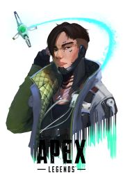 Rule 34 | 1boy, absurdres, apex legends, asian, black gloves, black hair, black shirt, brown eyes, copyright name, cropped torso, crypto (apex legends), drone, frown, gloves, glowing, green vest, hack (apex legends), highres, jacket, jewelry, logo, male focus, necklace, partially fingerless gloves, reborns, shirt, solo, upper body, vest, white background, white jacket