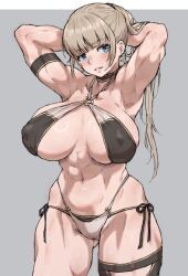 Rule 34 | 1girl, abs, aged up, alternate muscle size, biceps, blonde hair, blue eyes, breasts, cleavage, highres, jewelry, large breasts, long hair, looking at viewer, m k, muscular, muscular female, navel, obliques, original, ponytail, rika (m k), simple background, smile, solo, standing, swimsuit, tall, tall female, thick thighs, thighs, toned
