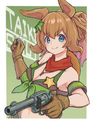 Rule 34 | 1girl, animal ears, armband, bandeau, bare shoulders, blue eyes, breasts, brown gloves, brown hair, character name, cleavage, closed mouth, cocoa inryo, coin, collarbone, colt single action army, commentary request, cowboy hat, cowboy shot, gloves, green armband, green background, green bandeau, gun, hair between eyes, hair ornament, hand up, handgun, hat, hat on back, highres, holding, holding coin, holding gun, holding weapon, horse ears, horse girl, long hair, looking at viewer, medium breasts, midriff, navel, ponytail, red scarf, revolver, scarf, sheriff badge, sidelocks, skirt, smile, solo, standing, star (symbol), star hair ornament, taiki shuttle (umamusume), umamusume, weapon