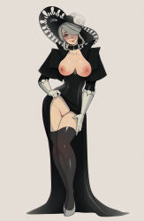 Rule 34 | 1girl, black capelet, black choker, black dress, black hat, black thighhighs, blue eyes, breastless clothes, breasts, breasts out, capelet, choker, cleft of venus, clothes lift, cogita (pokemon), commentary, contrapposto, creatures (company), dress, dress lift, elbow gloves, english commentary, eyeshadow, flower, game freak, gloves, grey footwear, grey gloves, grey hair, hair over one eye, hat, hat flower, head tilt, high heels, highres, large areolae, large breasts, lifting own clothes, long dress, looking at viewer, makeup, mature female, nintendo, nipples, no bra, no panties, pokemon, pokemon legends: arceus, presenting, pumps, pussy, solo, standing, sun hat, thighhighs, thighs, uncensored, vero, white background, wide hips