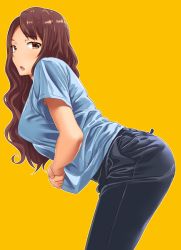 Rule 34 | 1girl, :o, ass, bad id, bad pixiv id, breasts, brown eyes, brown hair, denim, jeans, long hair, looking at viewer, looking to the side, neri sachiko, open mouth, original, pants, shirt, simple background, solo, t-shirt, thighs, yellow background
