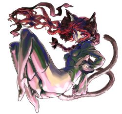 Rule 34 | 1girl, animal ears, bad id, bad pixiv id, black thighhighs, boots, cat ears, cat girl, cat tail, chikuwa (tks), female focus, full body, hair down, kaenbyou rin, multiple tails, oekaki, red eyes, red hair, ribbon, slit pupils, solo, tail, thigh boots, thighhighs, touhou