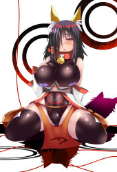 Rule 34 | animal ears, bare shoulders, bell, black hair, blush, breasts, collar, detached sleeves, fox ears, hair ribbon, hand on breast, highleg, kimono reota, large breasts, red eyes, ribbon, shadow, sitting, souma (ordures), swimsuit, thick thighs, thighhighs, thighs, wariza, wide hips