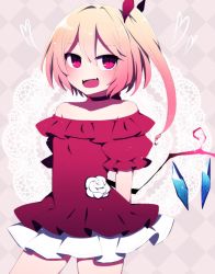 Rule 34 | 1girl, alternate costume, arms behind back, blonde hair, bow, crystal, dress, fangs, flandre scarlet, flower, frilled dress, frills, grey background, hair bow, heart, highres, looking at viewer, off-shoulder dress, off shoulder, one side up, open mouth, red bow, red dress, red eyes, rose, short sleeves, slit pupils, solo, standing, sundress, touhou, white flower, white rose, wings, you (noanoamoemoe)