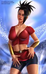 Rule 34 | 1girl, belt, black eyes, black hair, black shorts, breasts, brown belt, cleavage, collarbone, dragon ball, dragon ball super, earrings, highres, jewelry, kale (dragon ball), large breasts, long hair, looking to the side, midriff, navel, parted lips, ponytail, red shirt, red skirt, shirt, short sleeves, shorts, skirt, sky, standing, sun, teeth, v1mpaler, wristband