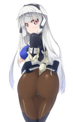 Rule 34 | 1girl, android, ass, blush, breasts, female focus, from behind, highres, horizon ariadust, kyoukaisenjou no horizon, large breasts, long hair, looking at viewer, pantyhose, red eyes, serimura yuito, silver hair, solo, tears