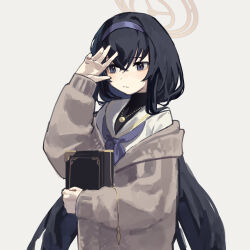 Rule 34 | 1girl, absurdres, black eyes, black hair, blue archive, blue neckerchief, book, card, closed mouth, grey background, hairband, halo, hand up, highres, holding, holding book, jewelry, long hair, long sleeves, low twintails, neckerchief, pendant, sailor collar, simple background, solo, turtleneck, twintails, ui (blue archive), upper body, very long hair, yoon cook