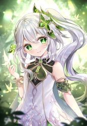 Rule 34 | 1girl, bare shoulders, blurry, blurry background, blush, bracelet, bug, butterfly, closed mouth, cross-shaped pupils, crossed bangs, crystalfly (genshin impact), depth of field, dress, gem, genshin impact, gradient hair, green eyes, green gemstone, green hair, hair ornament, highres, insect, jewelry, leaf hair ornament, long hair, looking at viewer, multicolored hair, nahida (genshin impact), ponytail, solo, streaked hair, symbol-shaped pupils, white dress, white hair, yuzu pota 24