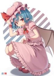 Rule 34 | 1girl, adjusting clothes, adjusting headwear, bat wings, black wings, blue hair, blush, brooch, charisma guard, collared dress, color guide, commentary, cowering, dress, fang, frilled cuffs, frown, hat, hat ribbon, highres, jewelry, kneehighs, looking at viewer, mamemochi, medium dress, mob, mob cap, neck ribbon, open mouth, pink hat, pointy ears, puffy short sleeves, puffy sleeves, red eyes, red footwear, red ribbon, remilia scarlet, ribbon, shoes, short hair, short sleeves, skin fang, socks, solo, squatting, touhou, twitter username, uu~, white socks, wings