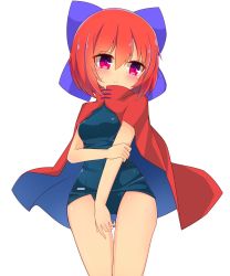 Rule 34 | 1girl, blue bow, blue one-piece swimsuit, blush, bow, breasts, cape, embarrassed, hair between eyes, hair bow, hair ribbon, high collar, highres, inon, looking at viewer, medium breasts, one-piece swimsuit, pink eyes, red cape, red hair, ribbon, school swimsuit, sekibanki, short hair, simple background, solo, standing, sweatdrop, swimsuit, swimsuit under clothes, touhou, white background