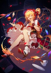 Rule 34 | 1girl, absurdres, adapted costume, ankle cuffs, ankle strap, apple, ascot, birdcage, blonde hair, bow, cage, commentary, crystal, cup, dress, english commentary, erchongbaojun, evil smile, flandre scarlet, flower, food, frilled ascot, frills, fruit, full body, gold trim, hand up, hands up, hat, hat bow, high heels, highres, long hair, looking at viewer, open mouth, petticoat, puffy short sleeves, puffy sleeves, red bow, red dress, red eyes, red flower, red footwear, red hat, red rose, rose, saucer, short sleeves, side ponytail, sitting, slit pupils, smile, socks, solo, striped, striped bow, tea, teacup, thorns, touhou, white socks, wings, wrist cuffs, yellow ascot