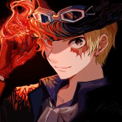 Rule 34 | 1boy, adjusting clothes, adjusting headwear, ascot, blonde hair, collared shirt, fire, gloves, hat, highres, looking at viewer, male focus, one piece, patterned clothing, sabo (one piece), scar, scar across eye, shirt, short hair, smile, solo, upper body, yadu nadu