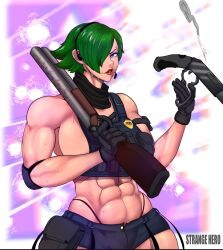 Rule 34 | 1girl, 2020, abs, artist name, avis (strangehero), badge, black gloves, black scarf, breasts, collarbone, commentary, english commentary, eyeshadow, female focus, gloves, green eyes, green hair, gun, hair over one eye, headphones, highres, holding, holding gun, holding weapon, huge breasts, looking at viewer, makeup, mole, mole under mouth, muscular, muscular female, no bra, original, parted lips, patterned background, piercing, police, police badge, police uniform, policewoman, purple background, purple eyeshadow, red lips, scarf, shirt, short hair, short shorts, shorts, shotgun, shoulder pads, sideboob, smoke, solo, strangehero, sunglasses, sweat, teeth, thick thighs, thighs, uniform, upper body, v-shaped eyebrows, vest, weapon, whale tail (clothing), wide hips