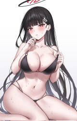 Rule 34 | 1girl, bare arms, bare legs, bare shoulders, bikini, black bikini, black hair, blue archive, blunt bangs, blush, breasts, bright pupils, cleavage, collarbone, hair ornament, hairclip, halo, halterneck, hands up, highres, large breasts, long hair, looking at viewer, multi-strapped bikini, navel, o-ring, o-ring bikini, open mouth, raki kr, red eyes, rio (blue archive), sitting, skindentation, solo, spaghetti strap, stomach, strap pull, string bikini, sweat, swimsuit, thighs, very long hair