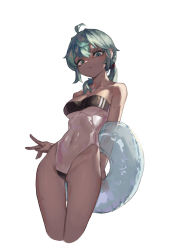 Rule 34 | 1girl, ahoge, aqua eyes, aqua hair, arm behind back, bare arms, bare shoulders, boridongja, breasts, casual one-piece swimsuit, closed mouth, covered navel, dark-skinned female, dark skin, eyebrows hidden by hair, from below, gluteal fold, gris swimsuit, highres, innertube, long hair, looking at viewer, looking down, low ponytail, medium breasts, meme attire, navel, one-piece swimsuit, original, see-through, simple background, solo, strapless, strapless one-piece swimsuit, sweatdrop, swim ring, swimsuit, thigh gap, thighs, underboob, v, white background