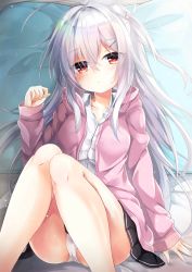 Rule 34 | 1girl, ahoge, bed sheet, black skirt, blush, closed mouth, collarbone, collared shirt, commentary request, dress shirt, hair between eyes, hair ornament, hairclip, hand up, head tilt, highres, hood, hood down, hooded jacket, jacket, knees up, long hair, long sleeves, one side up, open clothes, open jacket, original, panties, pillow, pink jacket, pleated skirt, rabbit hair ornament, red eyes, shirt, sidelocks, silver hair, siroyuki, sitting, skirt, sleeves past wrists, solo, underwear, very long hair, white panties, white shirt