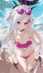 Rule 34 | 1girl, bare arms, bare legs, bare shoulders, beach, bikini, black horns, blue archive, blush, breasts, collarbone, day, dema hmw, demon horns, demon wings, eyewear on head, from above, grey hair, halo, highres, hina (blue archive), horns, long hair, looking at viewer, multiple horns, ocean, outdoors, parted lips, pink bikini, purple eyes, purple wings, sandals, small breasts, solo, sunglasses, swimsuit, toes, wings