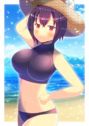 Rule 34 | 1girl, arm behind head, arm up, bare arms, bare shoulders, black shirt, blue sky, blurry, blurry background, breasts, brown hat, cloud, cloudy sky, commentary request, commission, copyright request, crop top, day, depth of field, flower, hat, hat flower, horizon, kou hiyoyo, large breasts, looking at viewer, multicolored hair, navel, ocean, purple hair, red eyes, red hair, shirt, short hair, skeb commission, sky, sleeveless, sleeveless shirt, solo, streaked hair, sun hat, virtual youtuber, water, white flower