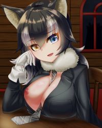 Rule 34 | 1girl, animal ears, between breasts, black hair, blue eyes, blush, breast pocket, breast rest, breasts, breasts out, cleavage, commentary, commentary request, fur collar, gloves, graphite (medium), grey wolf (kemono friends), heterochromia, highres, indoors, kemono friends, large breasts, long hair, looking at viewer, mechanical pencil, multicolored hair, necktie, necktie between breasts, nipple slip, nipples, no bra, one breast out, open mouth, pencil, pocket, solo, towofuya, traditional media, two-tone hair, white gloves, white hair, wolf ears, wolf girl, yellow eyes